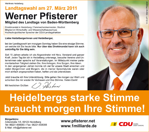 Landtagswahl am 27. März 2011: Bitte wählen Sie Werner Pfisterer! Herzlichen Dank!