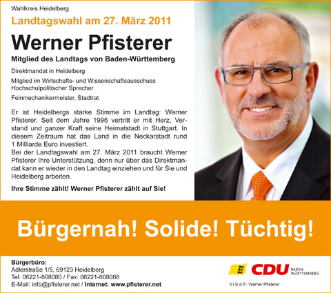 Anzeige von Werner Pfisterer MdL in der RNZ vom 5. März 2011